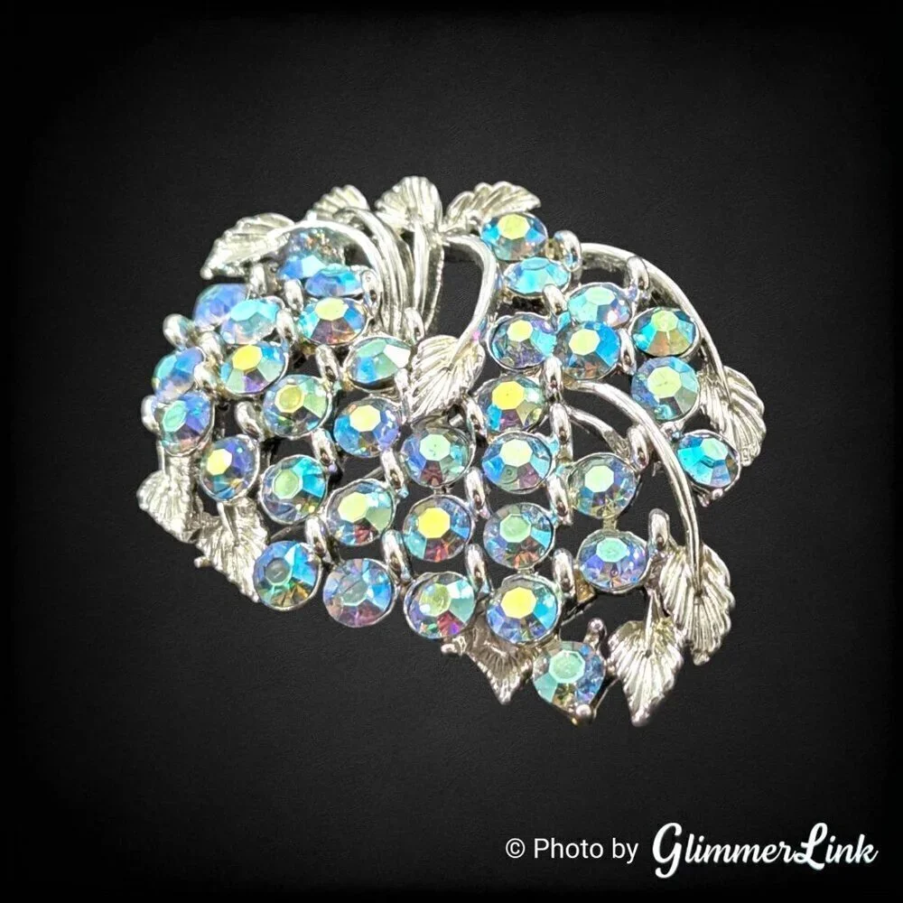 Vintage BSK Blue Aurora Borealis AB Rhinestone Leaves Silver Tone Brooch